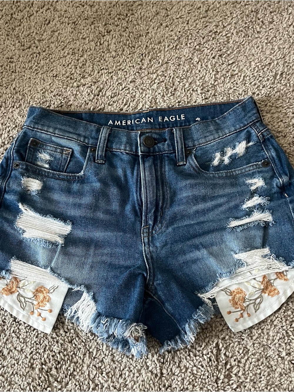American Eagle Outfitters Distressed Denim Shorts with Floral Embroidery